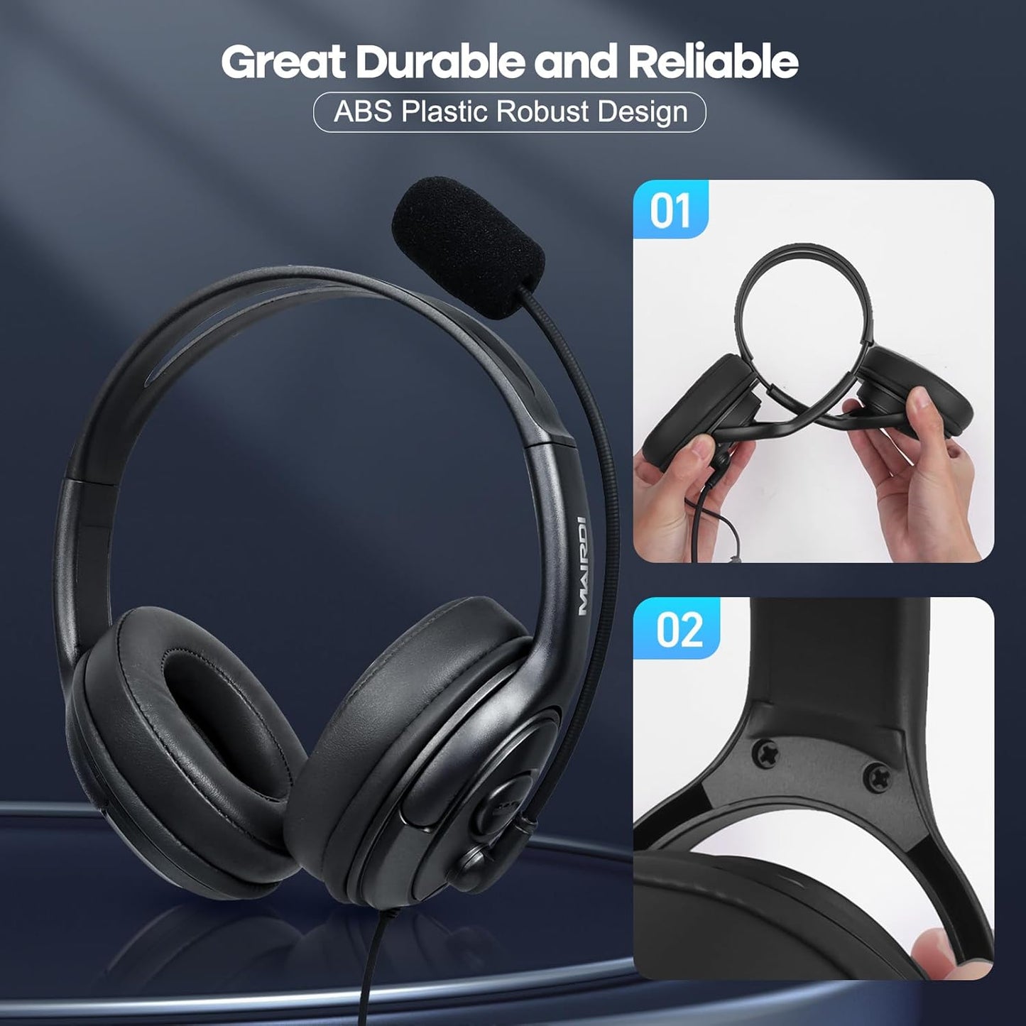 MAIRDI USB Headset with Microphone for PC, Computer Headset with Mic Noise Canceling for Laptop Teams Zoom Office Work Call Center Business Softphone, Dictation Headset for Dragon Naturelly Speaking