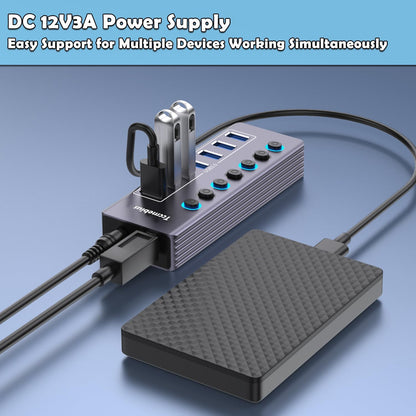 Powered 7-Port USB 3.0 Hub, USB C to 7 Ports USB Data Hub Splitter with Individual LED On/Off Switche, 3.3FT Cable, 12V/3A Power Adapter, for Laptop MacBook Pro/Air PC (Aluminum Gary)