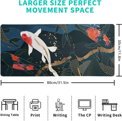 Fish Art Mouse Pad 31.5x11.8 Inch Japanese Gaming Full Desk Mousepad Extended Large Non-Slip Rubber Base Waterproof Big Keyboard Mat with Stitched Edges for Home Gaming and Office