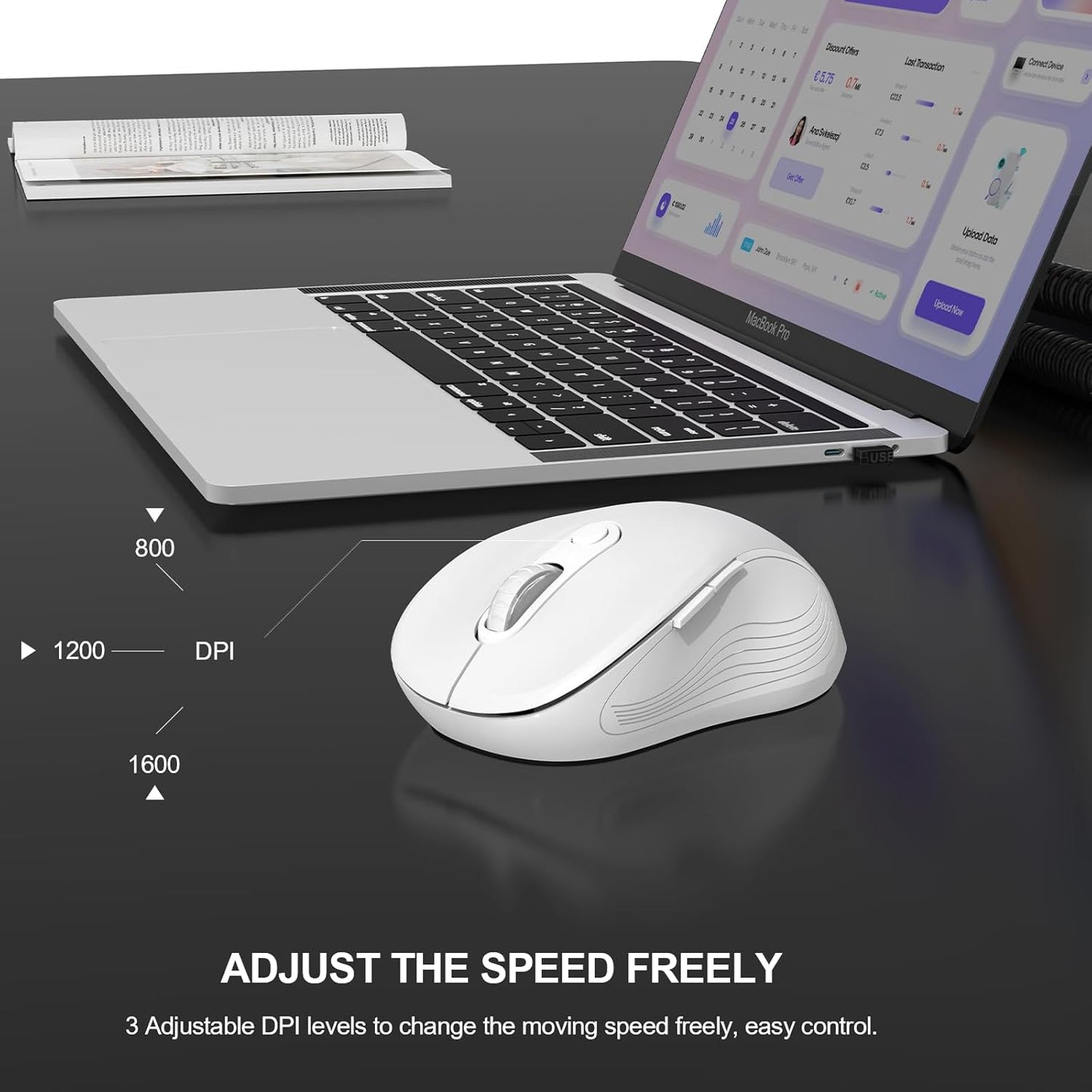 WisFox 2.4G Wireless Mouse for Laptop, Ergonomic Computer Mouse with USB Receiver and Type-C Adapter, 3 Adjustable Levels DPI, 6 Button Cordless Wireless Mice (White)