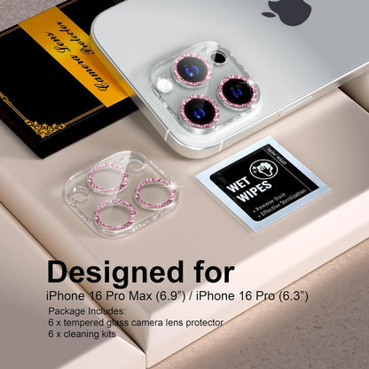 beuxece for 6 Pack iPhone 16 Pro/iPhone 16 Pro Max Camera Lens Protector [Drop Protection] [Case Friendly] [Easy Installation] 9H Tempered Glass Camera Screen Protector Cover, Glitter Pink