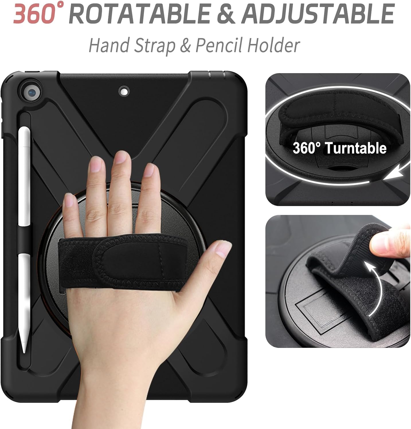 ZenRich Shockproof Case for iPad 9th/8th/7th Generation 10.2 inch 2021/2020/2019, Heavy Duty Rugged Case with Pencil Holder/360° Rotating Kickstand/Handle/Carrying Strap, Black