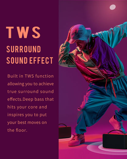 DINDIN Portable Bluetooth Speaker: 80W (Peak), 20H Playtime, Loud Wireless Wood Speakers with Bass, AUX and USB Input, Subwoofer, TWS Pairing, Vintage Speaker for Outdoor, Home, Office (Black)