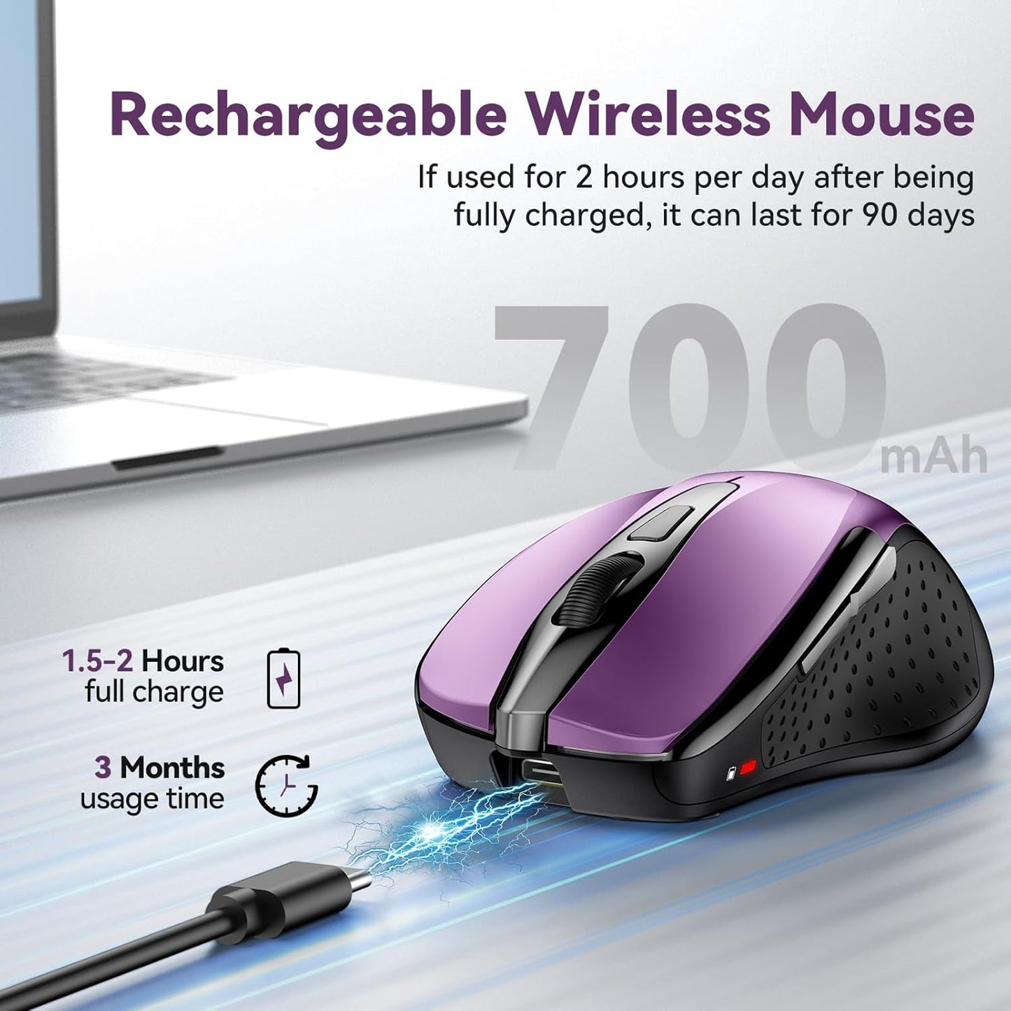 Bluetooth Mouse (BT5.0/3.0 & 2.4G) Rechargeable Wireless Mouse, 4800 DPI Optical Tracking, 6 Adjustable DPI, 2.4GHz with USB A Receiver, Quiet Clicks, Ergonomic Grips, 6 Buttons - Purple