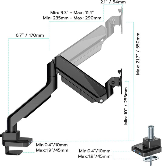 ARES WING Single Monitor Arm, Heavy Duty Adjustable Monitor Arm for 13"-45" Screens with USB, Gas Spring Desk Mount Stand with C Clamp/Grommet Mounting Base up to 40lbs Computer, Black
