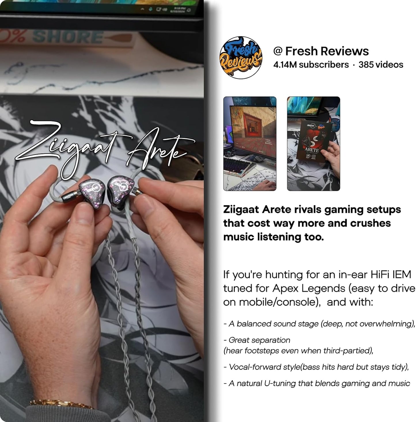 Linsoul ZiiGaat x Fresh Reviews Arete in Ear Monitor, 1DD+4BA Hybrid Earphone IEM, Wired Gaming Earbuds, Studio Monitor Tunning, with Detachable IEM Cable for Musician Audiophile(Black)