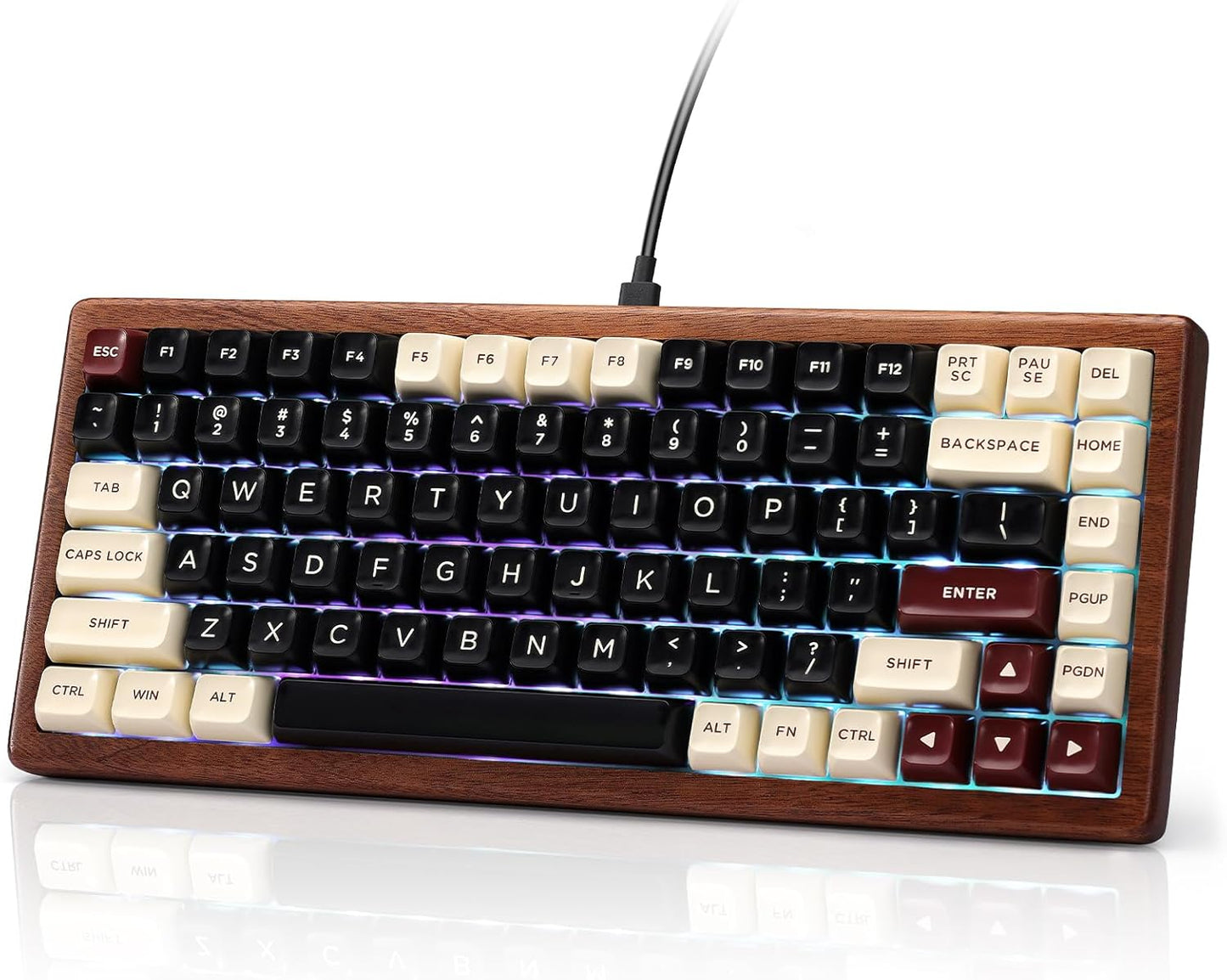WK84 USB-C Wired Wooden Mechanical Keyboard, 75% Layout 84 Keys, RGB Backlit, Hot-Swappable Green Switches, QMK/VIA Programmable, for Gaming & Typing