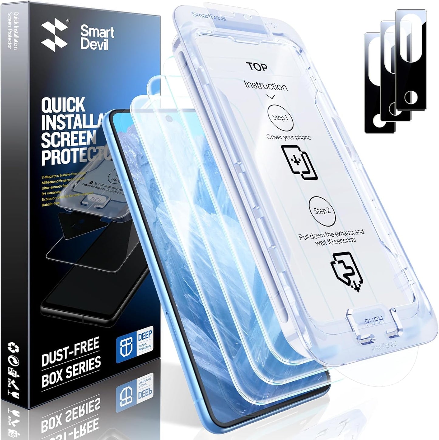 SMARTDEVIL [3+3 Pack for Google Pixel 8A Screen Protector with Camera Lens Protector, Finger Print Reader Compatible, Fast & Easy Installation, Clear 9H Tempered Glass Film, Alignment Frame