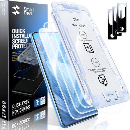 SMARTDEVIL [3+3 Pack for Google Pixel 8A Screen Protector with Camera Lens Protector, Finger Print Reader Compatible, Fast & Easy Installation, Clear 9H Tempered Glass Film, Alignment Frame