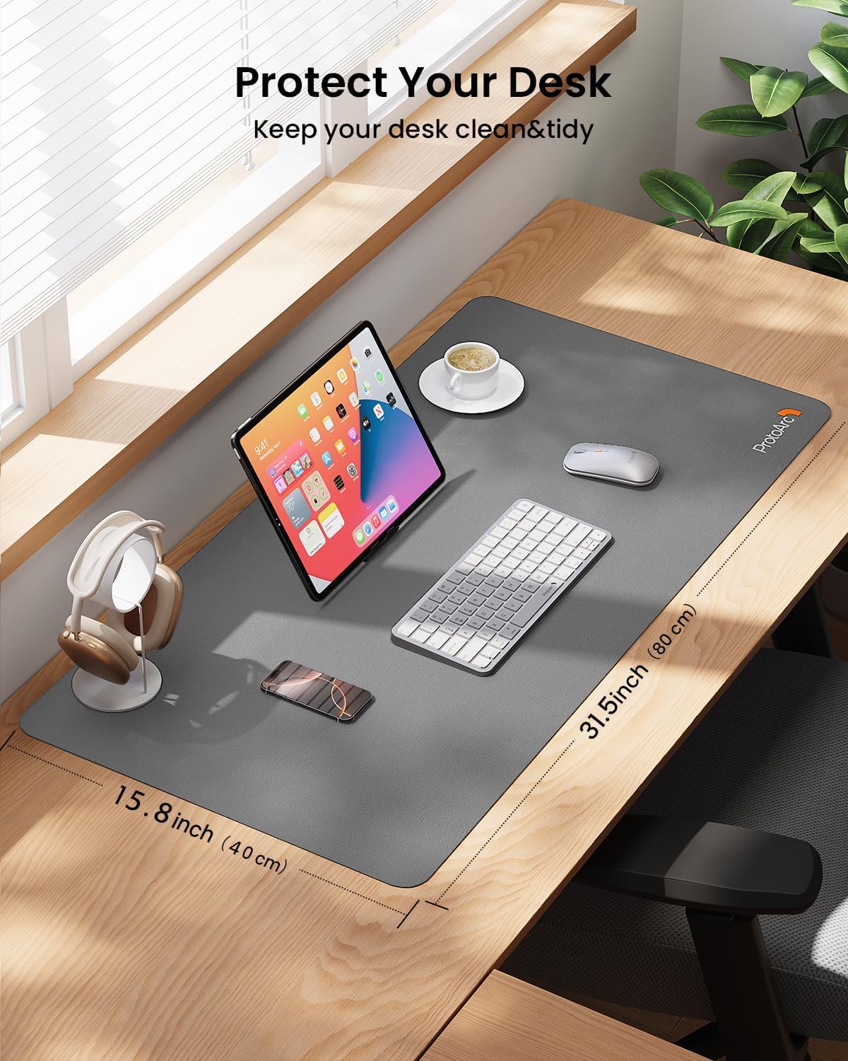 ProtoArc Leather Desk Mat, Large Mouse Pad- 31.5×15.8 inch, Non-Slip PU Leather Desk Pad Protector, Premium Desktop Mat for Computer, Keyboard and Mouse, Gray