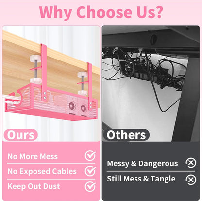 Under Desk Cable Management Tray Black, No Drill Desk Cable Wire Management Organizer with Clamp, PC Cord Organizer Accessories & Workspace for Office, Home（Pink）