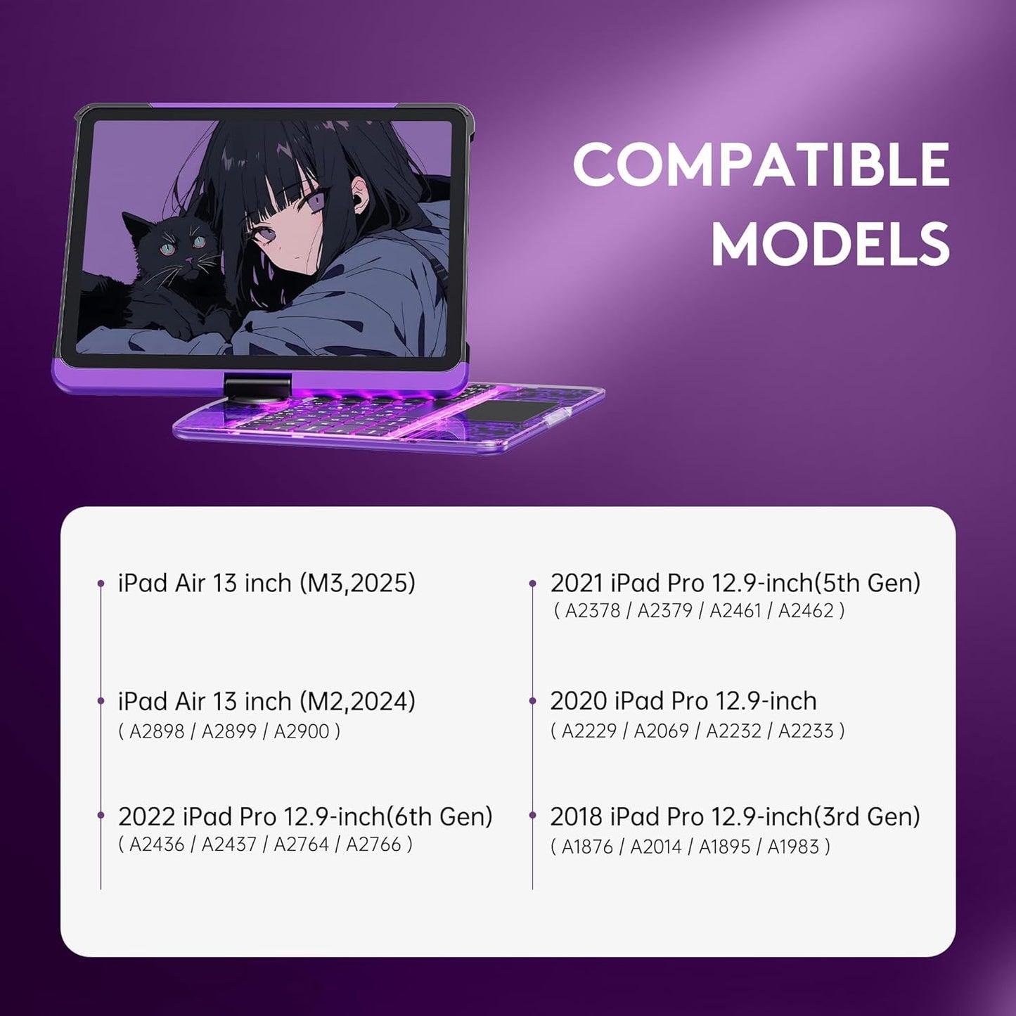 GUSGU Transparent Case with Wireless Keyboard for iPad Air 13-in.(M3/M2, 2025/2024), 7 Colors Backlight, Trackpad, 360°Rotating Stand for iPad Pro 12.9-in (6/5/4/3 Gen), Tech Style