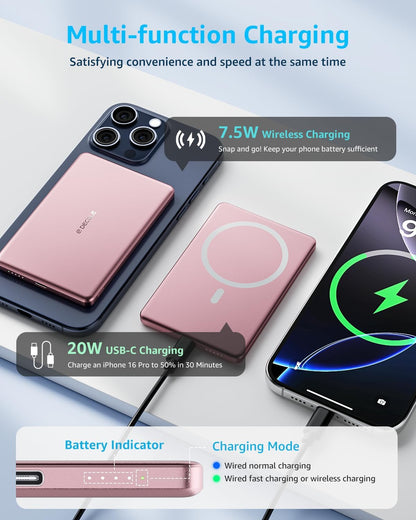 “Air” Power Bank for MagSafe 5000mAh, Ultra Slim Magnetic Wireless Portable Battery Charger Case with USB-C Cable, Compatible with iPhone 17/16/15/14/13/12 Series Only (Pink)