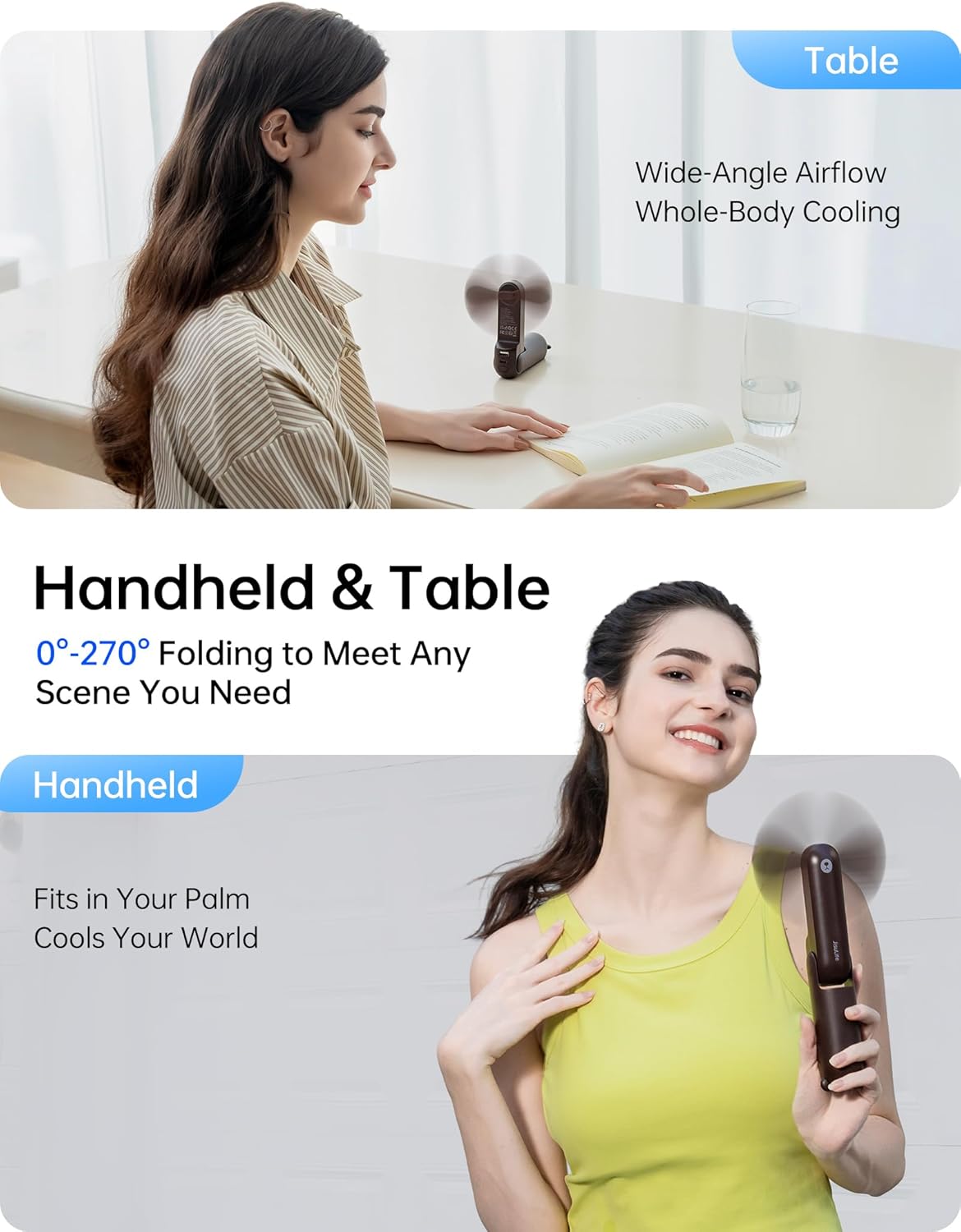 JISULIFE Handheld Fan with 4500 mAh Powerbank Max 37 Hours Runtime, Pocket Portable Battery Operated or USB Powered Folding Personal Fan, 3 Speeds, Gifts for Women Men Kids Gift for Festival-Brown