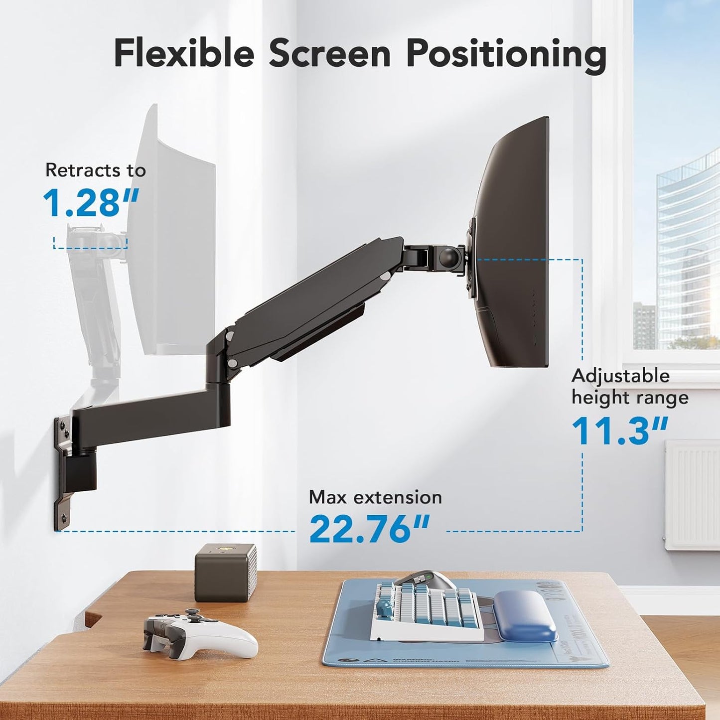 HUANUO 49 inch Ultrawide Monitor Wall Mount, Heavy Duty Screen Arm with Premium Aluminum, Supports up to 44 lbs, Gas Spring Wall Mount Monitor Arm for Height Adjustment, Tilt, Swivel, Rotate