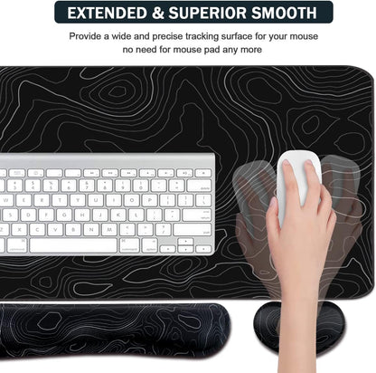 Topographic Large Mouse Pad and Keyboard Wrist Rest, Desk Pad for Keyboard and Mouse, 4-in-1 Large Gaming Mouse Pad with Wrist Support, Non-Slip Desk Mat for Home Office Study Game-Topographic Contour