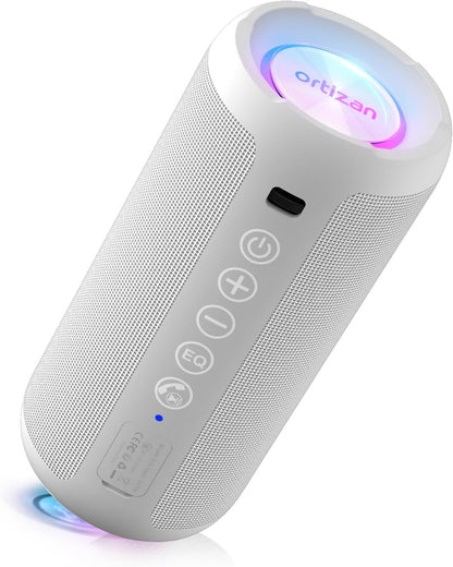 Ortizan Portable Bluetooth Speaker: IPX7 Waterproof, 24W Loud Sound, Deep Bass, Bluetooth 5.3, LED Lights, Wireless Stereo Pairing, 30H Playtime, for Home/Outdoor/Party/Beach, Birthday Gift (White)