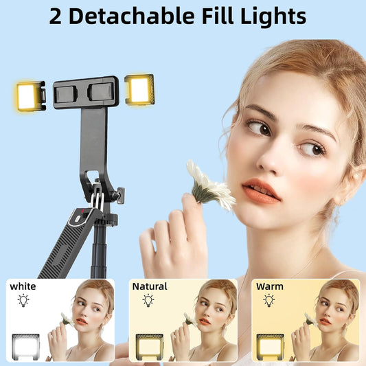 WOVTE 62" Selfie Stick with 2 Lights, Extendable Stand for iPhone, Selfie Stick with Remote, Portable Phone Tripod for Cell Phone Compatible with iPhone/Android, Camera & GoPro