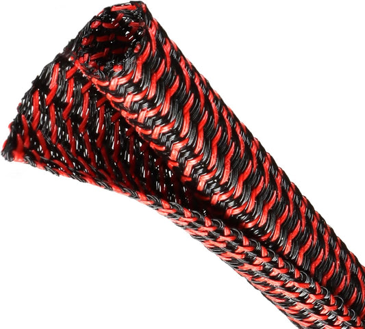 Split Wire Loom Tubing, Cable Protector Sleeve, Braided Cable Management for TV/Computer/Home Theater/Engine Bay, Cord Protectors from Pets No Chew (Red and Black, 1"-10ft)