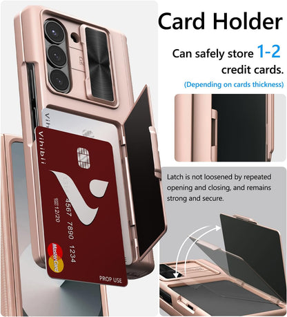 Vihibii for Samsung Galaxy Z Fold 6 Case with Card Holder & Slide Camera Cover & Screen Protector & Hinge Protection, Full Cover Shockproof Wallet Phone Case for Samsung Galaxy Z Fold 6, Rose Gold