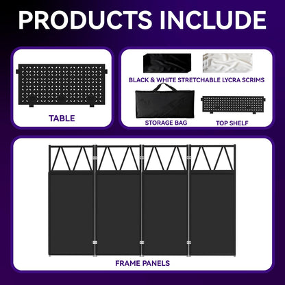 Portable DJ Booth Table,Foldable DJ Table Stand Portable with White & Black Scrim,Adjustable DJ Facade Table Station Metal Frame DJ Table with Cable Hole for Private Events, Clubs, Bars (Upgrade)