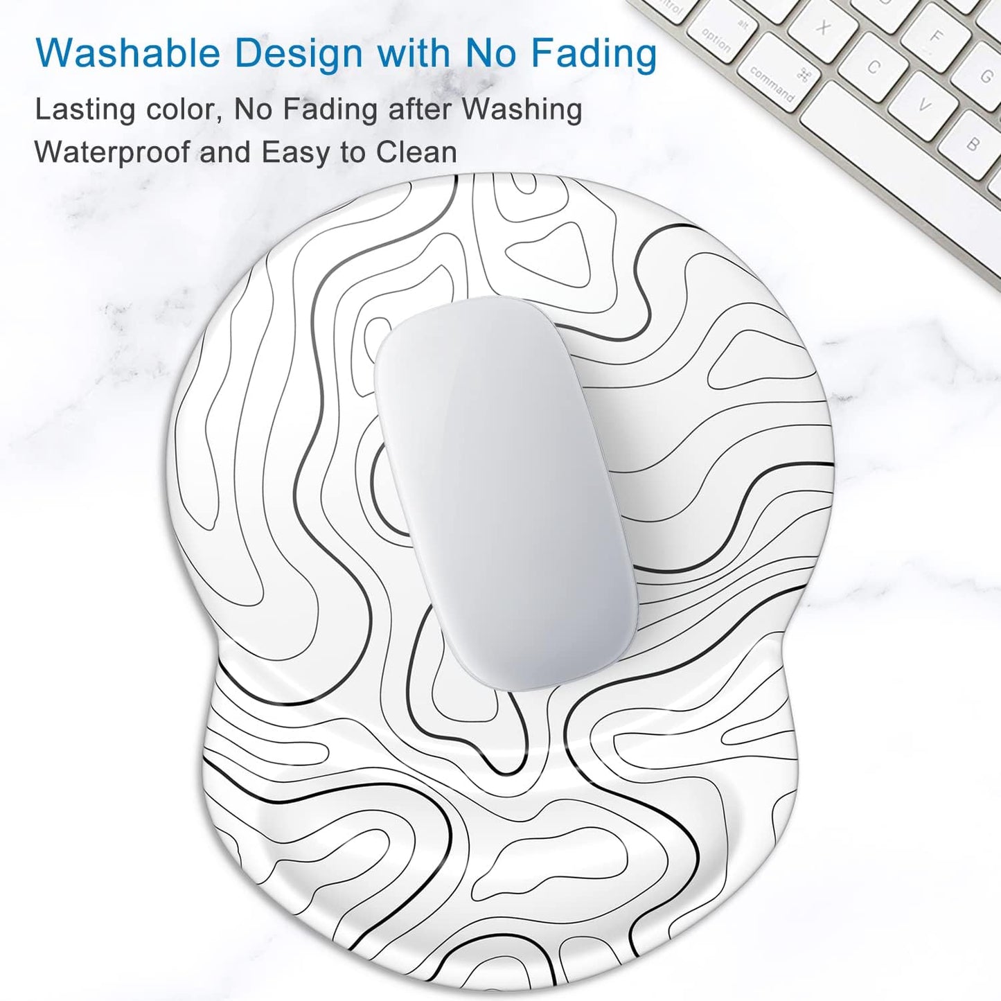 ITNRSIIET Ergonomic Mouse Pad with Gel Wrist Support Small Wrist Rest Smooth Surface Non-Slip PU Base Comfortable Office Supplies Pain Relief, 8.7 x 7.2 inches, Topographic Contour White