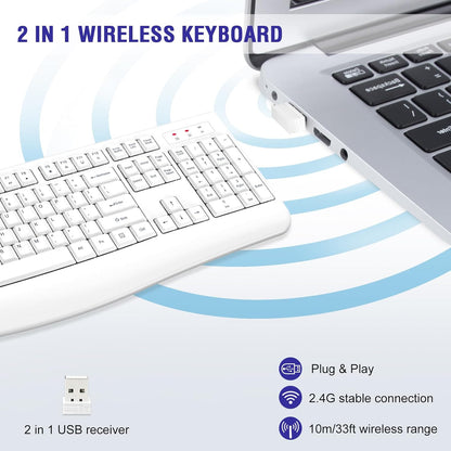 Wireless Keyboard, 2.4G Full-Sized Ergonomic Wireless Computer Keyboard with Wrist Rest for Windows, Mac OS Laptop/PC/Desktop/Notebook (White)