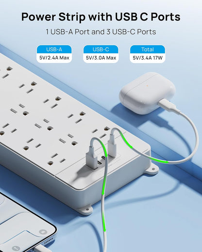 TROND 360° Rotating Flat Plug, Surge Protector Power Strip, 13AC Widely Spaced Outlets Expansion with 3 USB C Ports, 4000J, 10ft Extension Cord Heavy Duty, Wall Mount, Under Desk, ETL Listed, White
