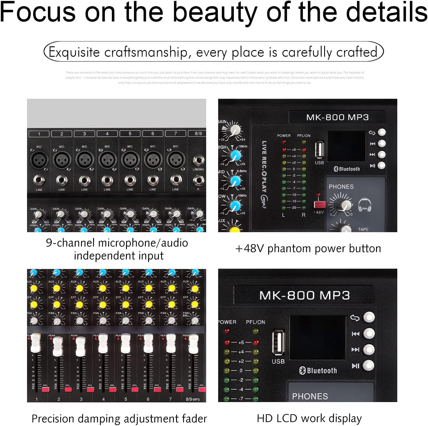 G-MARK MK800MP3 Professional Audio Mixer Sound Board 8 Channels Mixing Console with MP3 Player +48V Phantom Power Digital USB Bluetooth Reverb DJ Mixer Audio for PC Karaoke Stage Studio Recording
