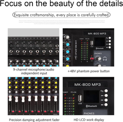 G-MARK MK800MP3 Professional Audio Mixer Sound Board 8 Channels Mixing Console with MP3 Player +48V Phantom Power Digital USB Bluetooth Reverb DJ Mixer Audio for PC Karaoke Stage Studio Recording