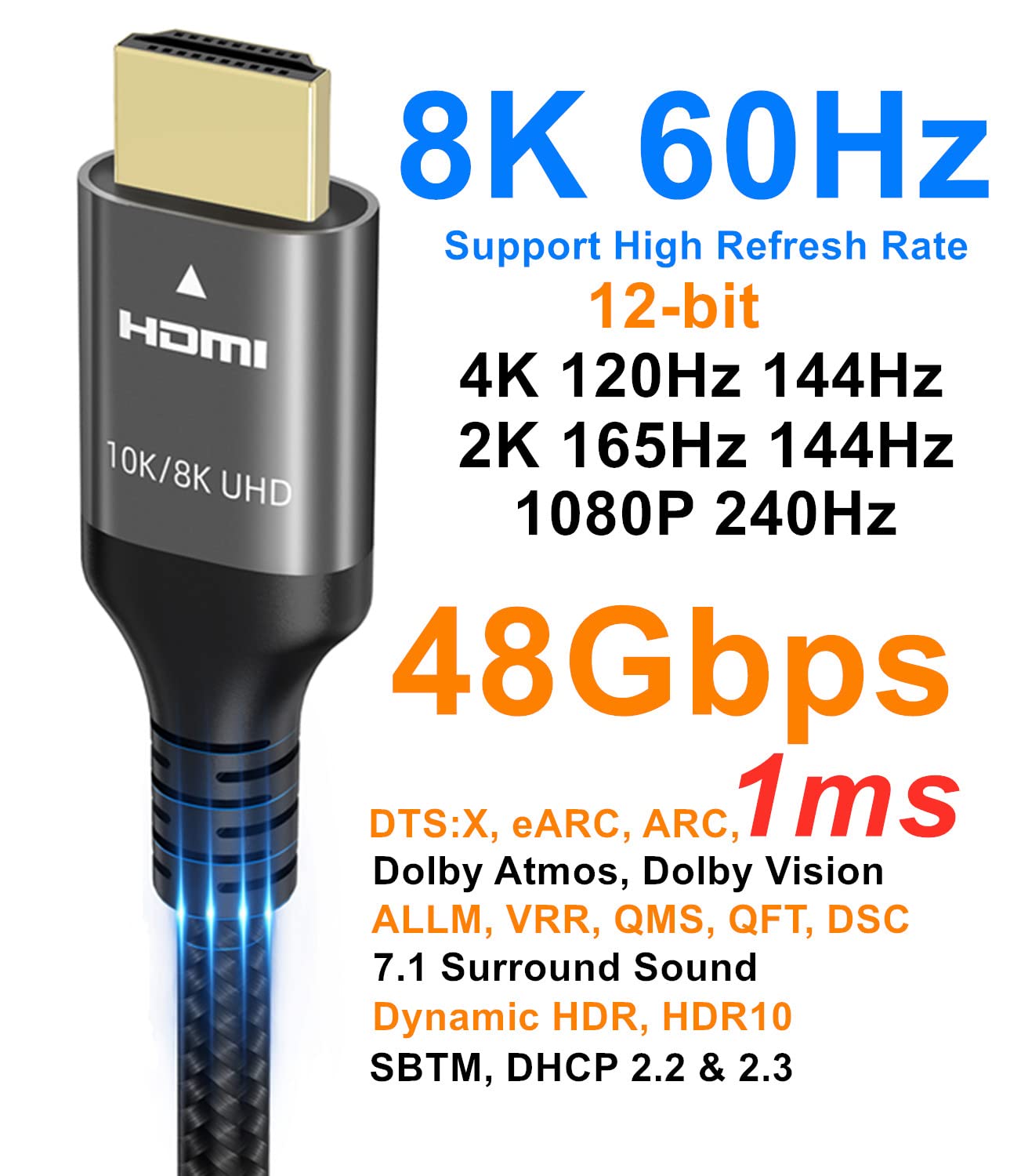 10K 8K 4K HDMI Cable 48Gbps 6.6 FT, Certified Ultra High Speed HDMI® Cable 4K 240Hz 144Hz 120Hz 8K60Hz 0.01ms HDR10+ eARC HDCP2.3 Netflix Roku TV PC Monitor Projector PS5 Xbox