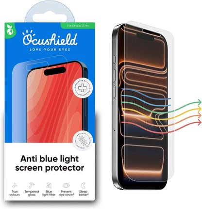 Ocushield Screen Protector for iPhone 17 Pro – Blue Light Tempered Glass, Blue Light Filter, 95% Transparency, Bubble-Free Install, Scratch-Resistant, Case Friendly