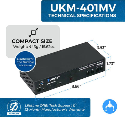 OREI 4x1 KVM HDMI Seamless Switch Multiviewer, Share Multiple Devices, PC, Computers, Phones, Gaming on One Display Monitor, Keyboard Control and USB 3.0 Peripheral Control