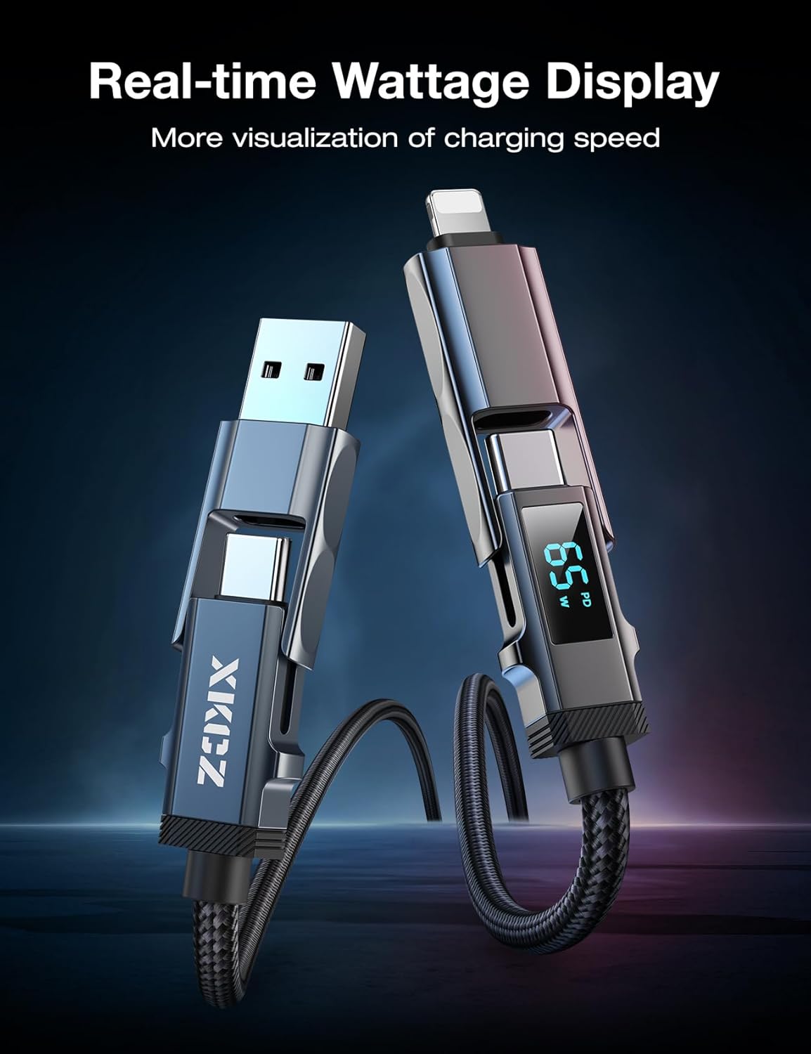 4 in 1 USB C Cable with Wattage Display, 65W Round Nylon Braided Multi Charging Cable with Data Sync, USB C Charging Cord Combo Type C/USB A/iPhone Port for iPhone/iPad/Samsung/Laptop, 3FT