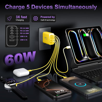 USB C Fast Wall Charger Block, 2Pack 60W USBC Charging Cubes, 5-Port PD+QC Power Adapter Multiport Brick Type C Box Plug for Phone 16/15/14/13/12/11/Pro Max/Plus, Pad Mini/Pro/S25/S24-Yellow