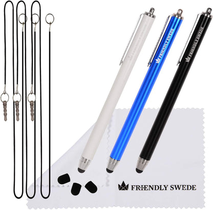The Friendly Swede Stylus Pen for Touchscreen — 3-Pack 5.5" High Precision Stylus Pen with Replaceable Thin Tips, Elastic Lanyards & Screen Cleaning Cloth - Black/Blue/White