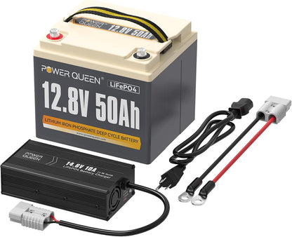 Power Queen 12.8V 50Ah LiFePO4 Battery with 14.6V 10A LiFePO4 Battery Charger; Built-in 50A BMS, Fast and Fully Charged, 15000+ Cycles, Perfect for Kayak, RV, Trailer, Solar Application
