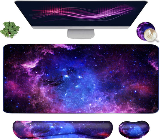 Large Mouse Pad and Keyboard Wrist Rest, Desk Pad for Keyboard and Mouse, 4-in-1 Large Gaming Mouse Pad with Wrist Support, Desk Mat for Home Office Study Game-Galaxy Fluid