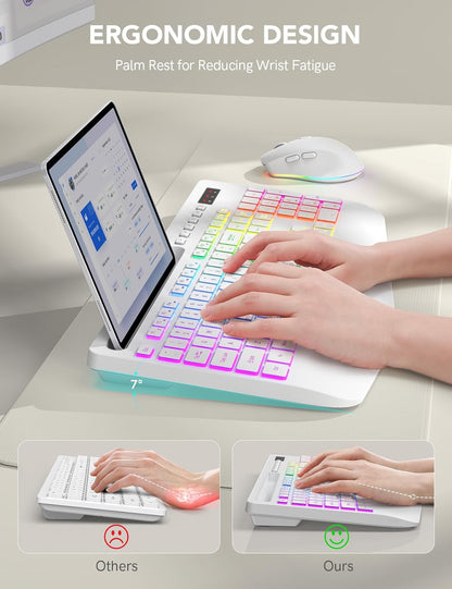 Wireless Keyboard and Mouse Backlits, Wrist Rest, LED Mouse, Rechargeable Ergonomic Keyboard with Phone Holder, Silent Light Up Combo for Computer, Mac, PC, Laptop, Chromebook (White)