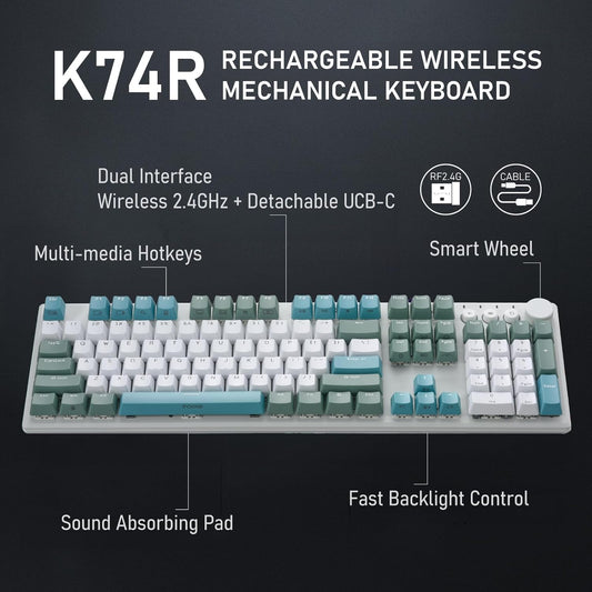 iRocks K74R Wireless RGB Illuminated Mechanical Gaming Keyboard, Hot-Swappable Switches, Easy-Clean Floating Design, PBT 107 Keys NKRO, Detachable USB-C Cable - Island Blue (Red Switches)