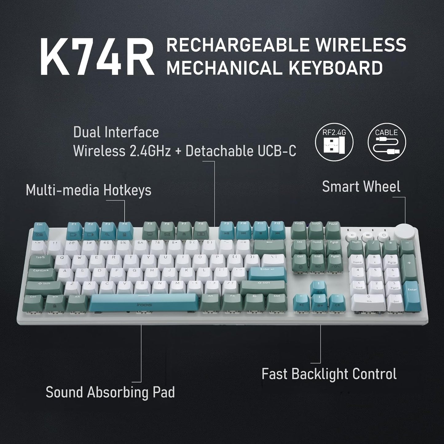 iRocks K74R Wireless RGB Illuminated Mechanical Gaming Keyboard, Hot-Swappable Switches, Easy-Clean Floating Design, PBT 107 Keys NKRO, Detachable USB-C Cable - Island Blue (Brown Switches)