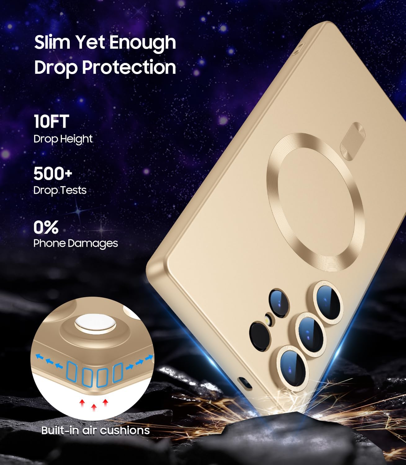 Magnetic for Samsung Galaxy S25 Ultra Case [Compatible with MagSafe][Built-in Camera Lens Protector] Slim Soft Silicone Bumper Shockproof Metallic Luster Phone Shell (Gold)