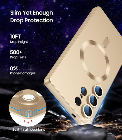 Magnetic for Samsung Galaxy S25 Ultra Case [Compatible with MagSafe][Built-in Camera Lens Protector] Slim Soft Silicone Bumper Shockproof Metallic Luster Phone Shell (Gold)