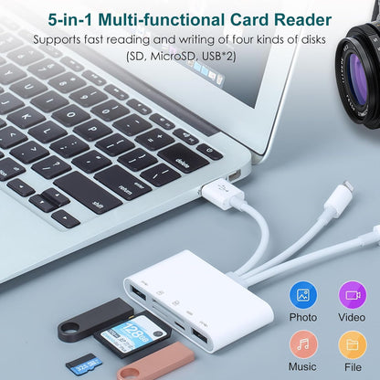 SD Card Reader for iPhone/iPad, 5-in-1 Universal Memory Card Reader for SD/TF Card/USB Drive, USB-C/Lightning/USB Connector Compatible with iPhone 16/iPad Pro/Galaxy/MacBook/Dell etc.
