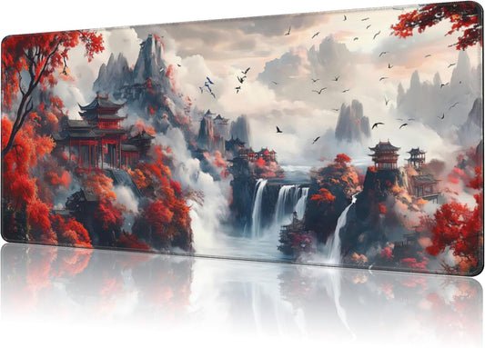 Mouse Pad Large Chinese-Style Landscape Painting Non-Slip Gaming Desk Mat with Stitched Edge Laptop Keyboard Desk Pad for Work Home Gaming (35.4 x 15.7 Inches)