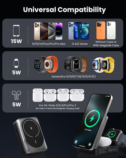 3-in-1 Wireless Charger Charging Station for iPhone, Qi2 Certified 15W Fast Charging Foldable Magnetic Charger Stand with 30W USB C Adapter for MagSafe iPhone 16/15/14/13/12, Apple Watch, AirPods