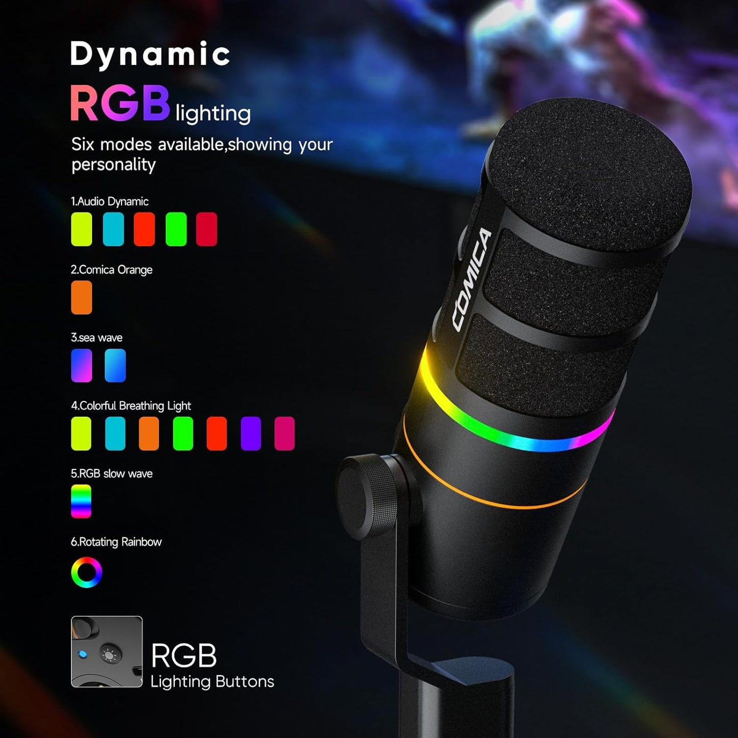 COMICA EJoy D10(D) USB Gaming Microphone – RGB Dynamic Mic with Noise Cancellation, XLR/USB-C, Real-Time Monitoring, Muting, Professional Studio Mic for Gaming, Streaming, Podcast, Recording (Black)