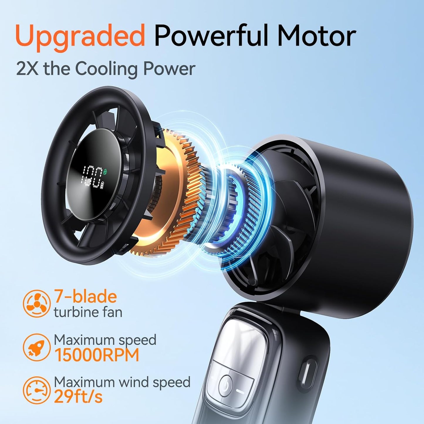 3-in-1 Portable Handheld Turbo Fan-100 Speeds, 15000 RPM, 10Hrs Cooling, LED Display, 90° Rotation, USB Rechargeable Battery Powered, Mini Foldable Hand Held Personal Fan for Women Men (Black)