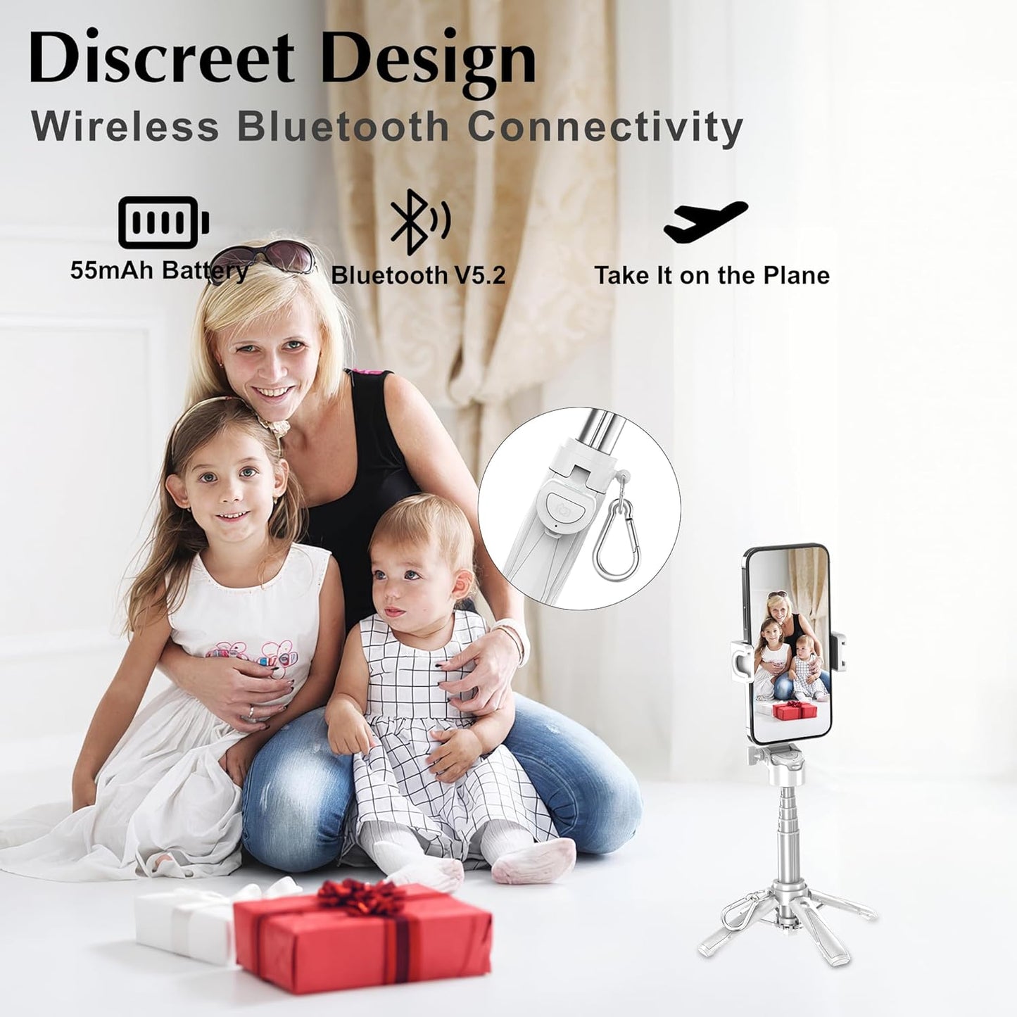 Mini Selfie Stick Tripod, Extendable Grip Phone Tripod with Detachable Remote Pocket Size, 4-in-1 Mini Phone Grip, 10m Wireless Shutter, Vlog Livestreaming Photography （White）