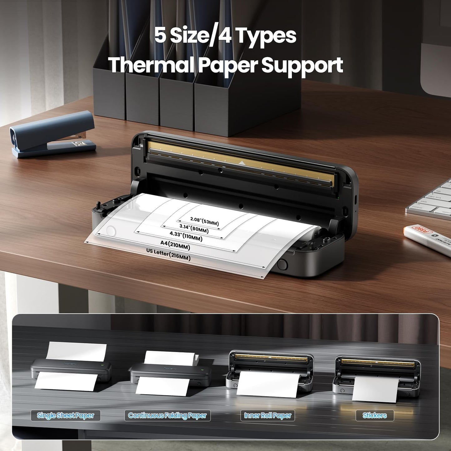 Phomemo M834 Portable Printer Wireless for Travel, Bluetooth Thermal Printer 8.5" x 11"&A4, Compatible with iOS,Android & PC,Inkless Mobile Printers for Travel,Office,School,Home,Gray